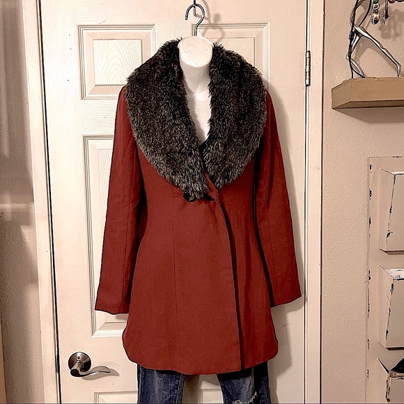 ark & co Rust Color Wool  Blend Detachable Faux Fur Collar Coat Tweed Jacket S - Picture 1 of 10